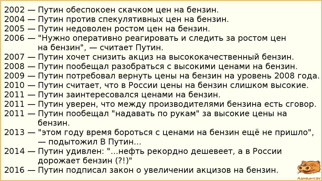 2002 — Путин обеспокоен скачком цен на бензин.
2004 — Путин против спекулятивных цен на бензин.…